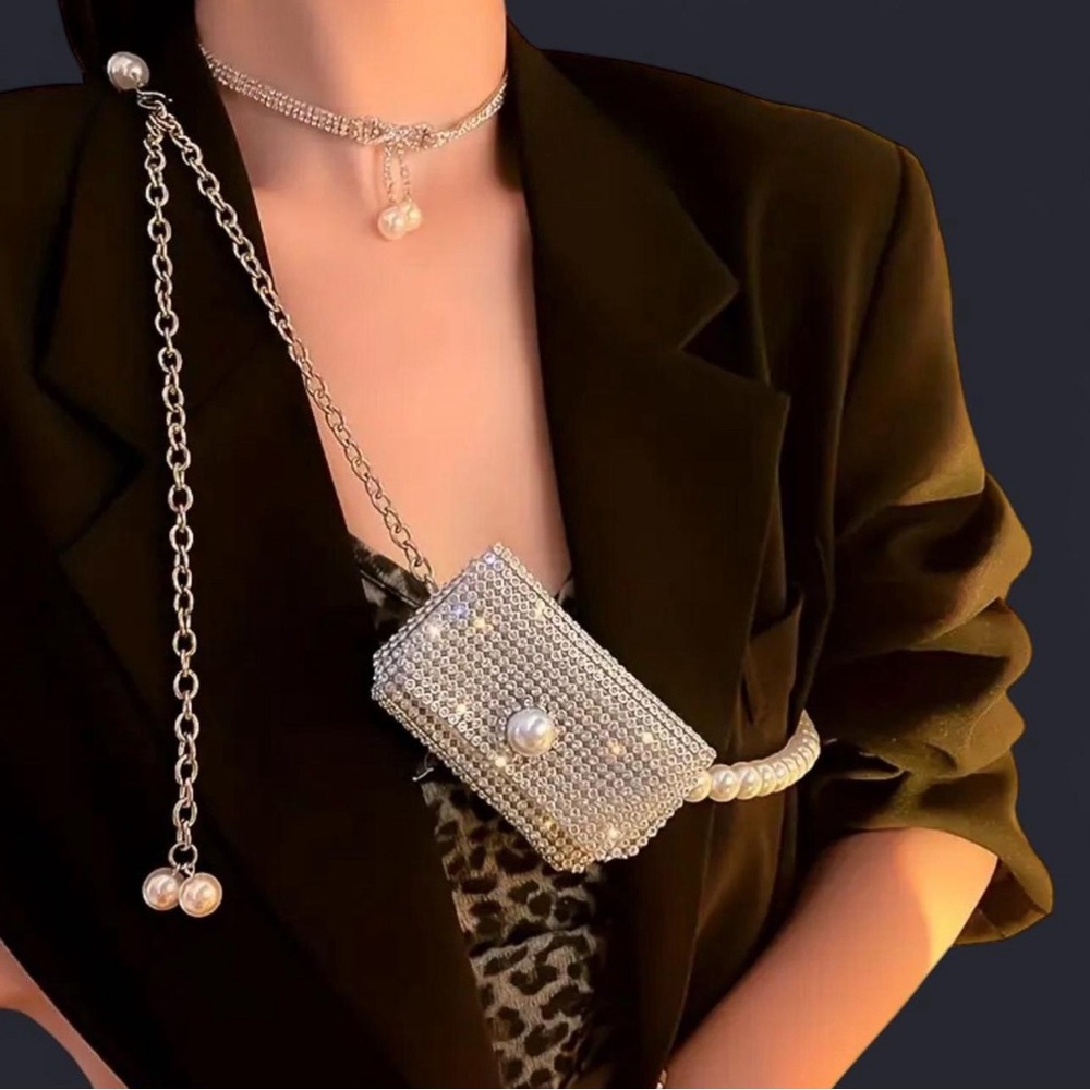 Elegant Silver Crystal Belt Bag with Pearl Accent